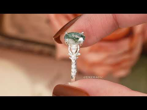 Load and play video in Gallery viewer, Oval Moss Agate Stag Inspired Bark Textured Engagement Ring Elven Ring
