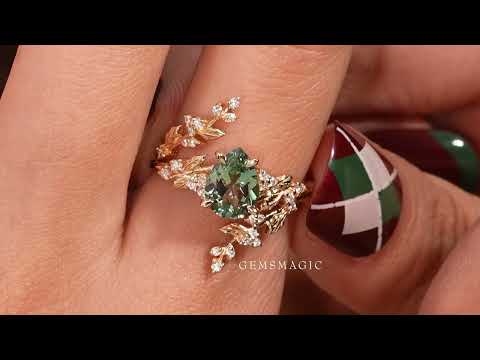 Load and play video in Gallery viewer, Pear Green Sapphire Nature Inspired Bridal Enhancer Ring Set Mistletoe Ring Set 2pcs
