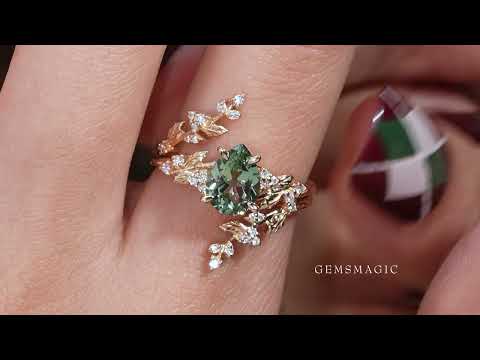 Load and play video in Gallery viewer, Pear Green Sapphire Nature Inspired Bridal Enhancer Ring Set Mistletoe Ring Set 2pcs
