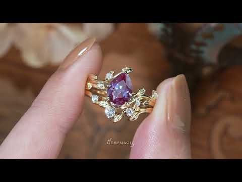 Load and play video in Gallery viewer, Pear Cut Alexandrite Engagement Ring Set- Olivia2.0 - GemsMagic
