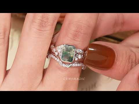 Unique Emerald Cut Emerald & Moissanite Ring Set 2pcs-Anya