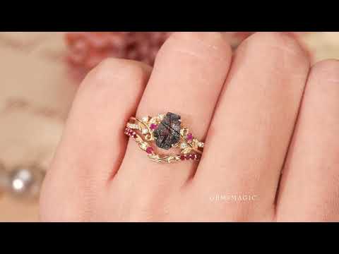 Load and play video in Gallery viewer, Coffin Cut Black Rutilated Quartz Leaf And Vine Inspired Bridal Ring Set - Carla
