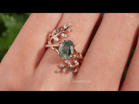 Load and play video in Gallery viewer, Aphrodite&amp;#39;s Enchanted Vine | A Mythical Moss Agate Engagement Ring Set

