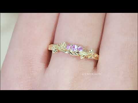 Natural Pink Sapphire Flower Inspired Straight Wedding Band Promise Ring For Her - Emilia