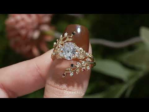 Oval Cut Lab Grown Diamond Crossed Leaf Bridal Ring Set With Cross Vine Ring Enhancer