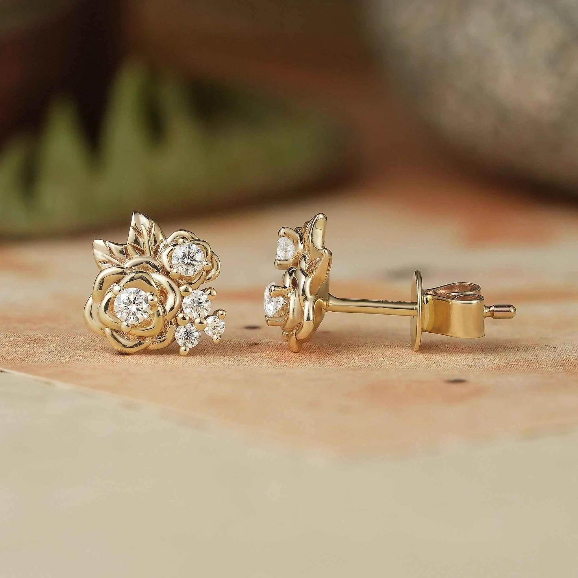 Rose and Leafy Design Moissanite Earrings - GemsMagic