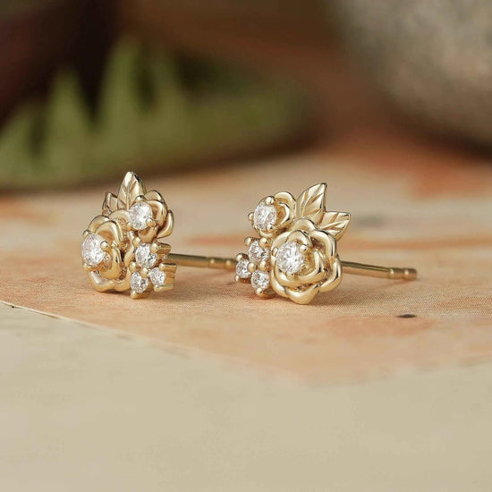 Rose and Leafy Design Moissanite Earrings - GemsMagic