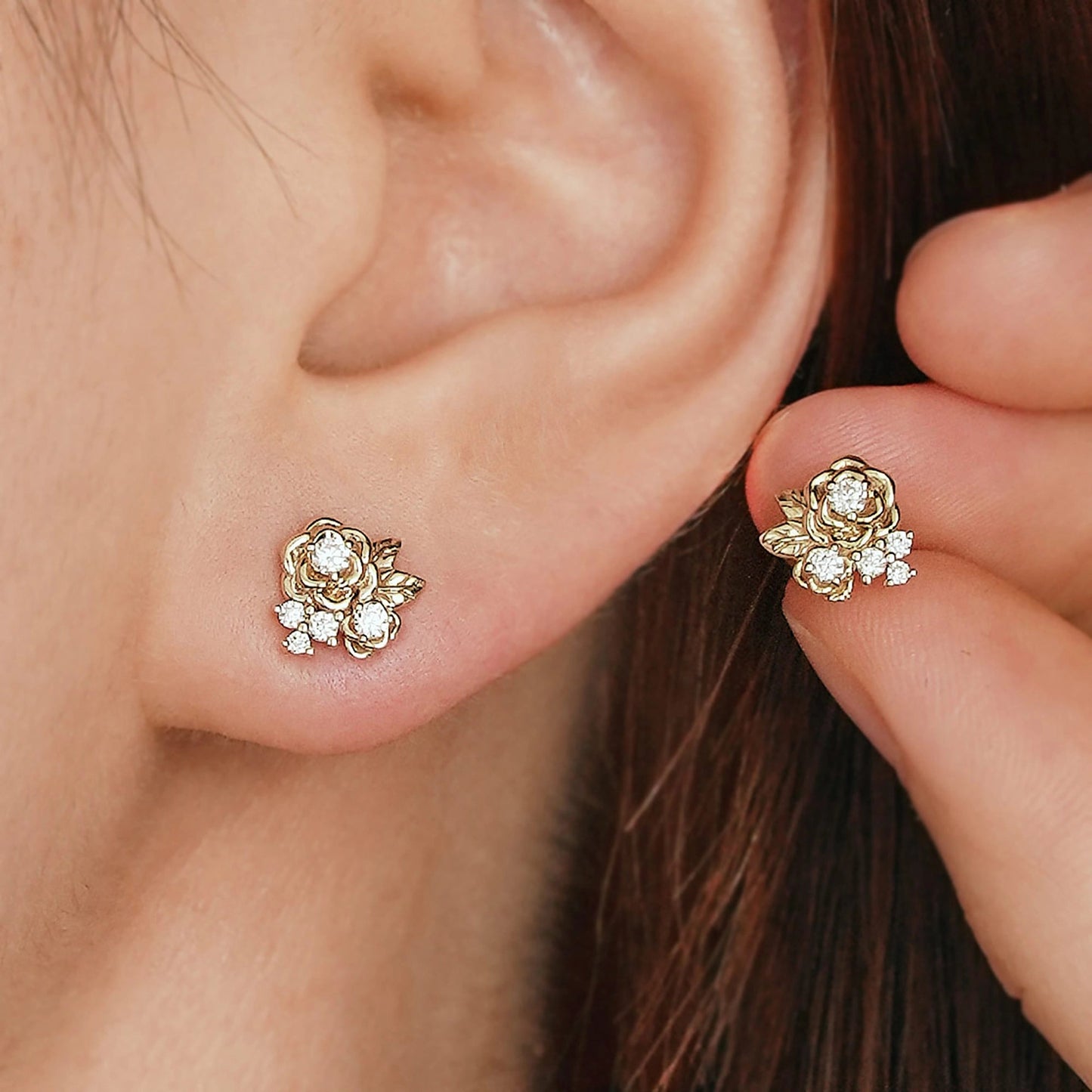 Rose and Leafy Design Moissanite Earrings - GemsMagic