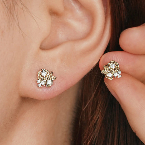 Rose and Leafy Design Moissanite Earrings - GemsMagic