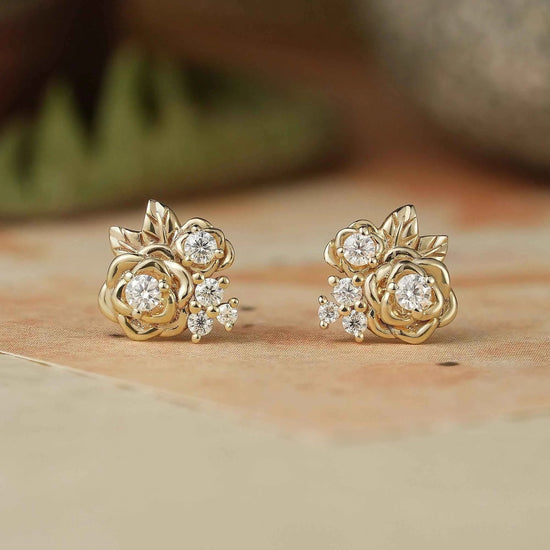 Rose and Leafy Design Moissanite Earrings - GemsMagic