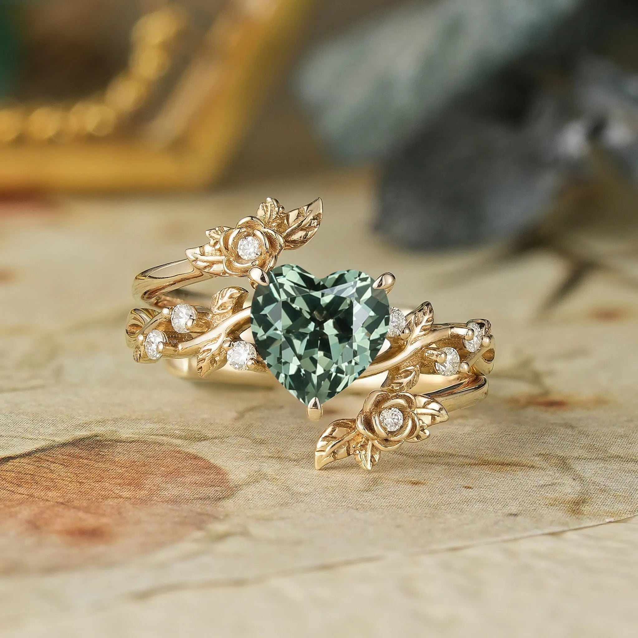 Rose Blossom: Heart Shaped Green Sapphire Leaf Engagement Ring Set | Katherine - GemsMagic
