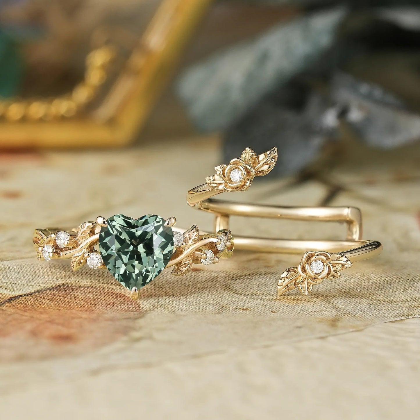 Rose Blossom: Heart Shaped Green Sapphire Leaf Engagement Ring Set | Katherine - GemsMagic