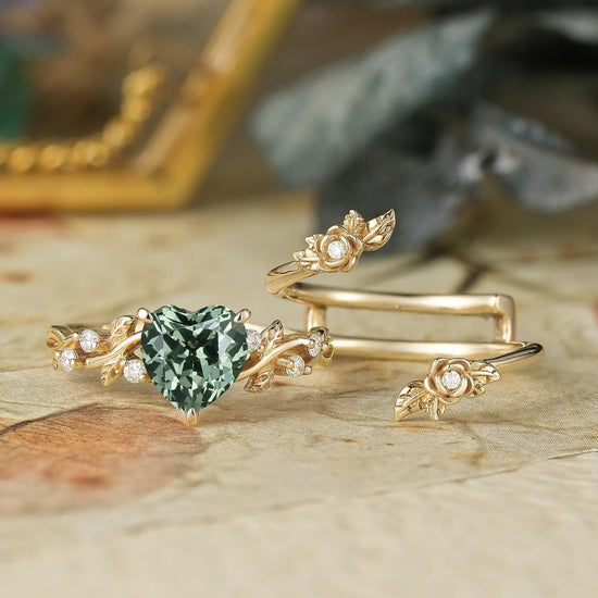 Rose Blossom: Heart Shaped Green Sapphire Leaf Engagement Ring Set | Katherine - GemsMagic