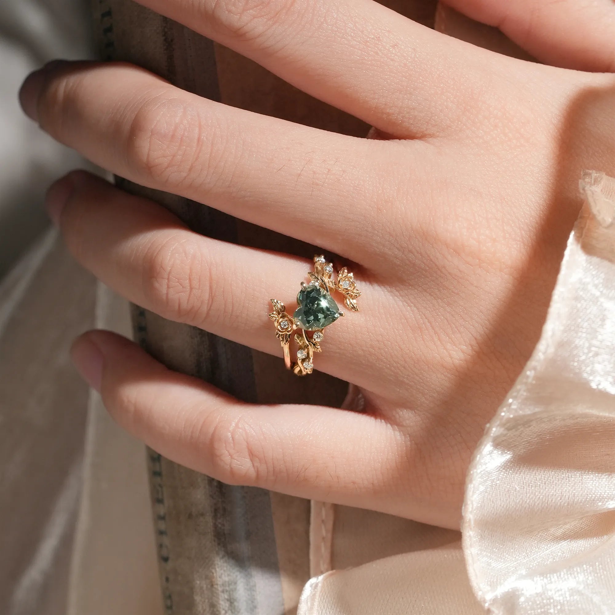 Rose Blossom: Heart Shaped Green Sapphire Leaf Engagement Ring Set | Katherine - GemsMagic