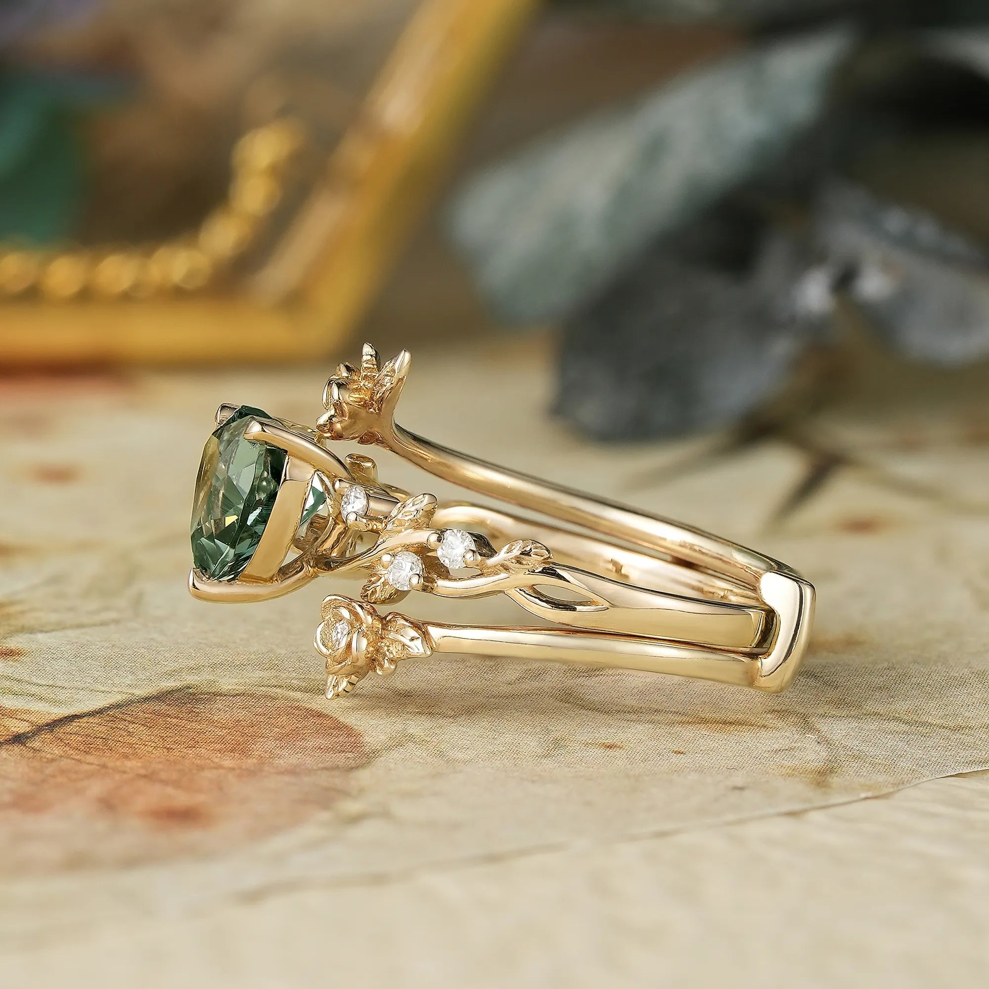 Rose Blossom: Heart Shaped Green Sapphire Leaf Engagement Ring Set | Katherine - GemsMagic