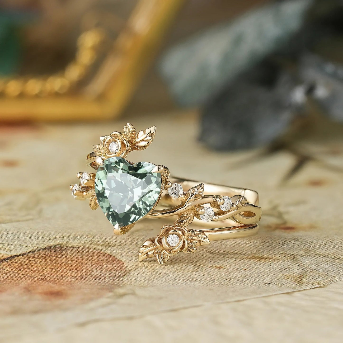 Rose Blossom: Heart Shaped Green Sapphire Leaf Engagement Ring Set | Katherine - GemsMagic