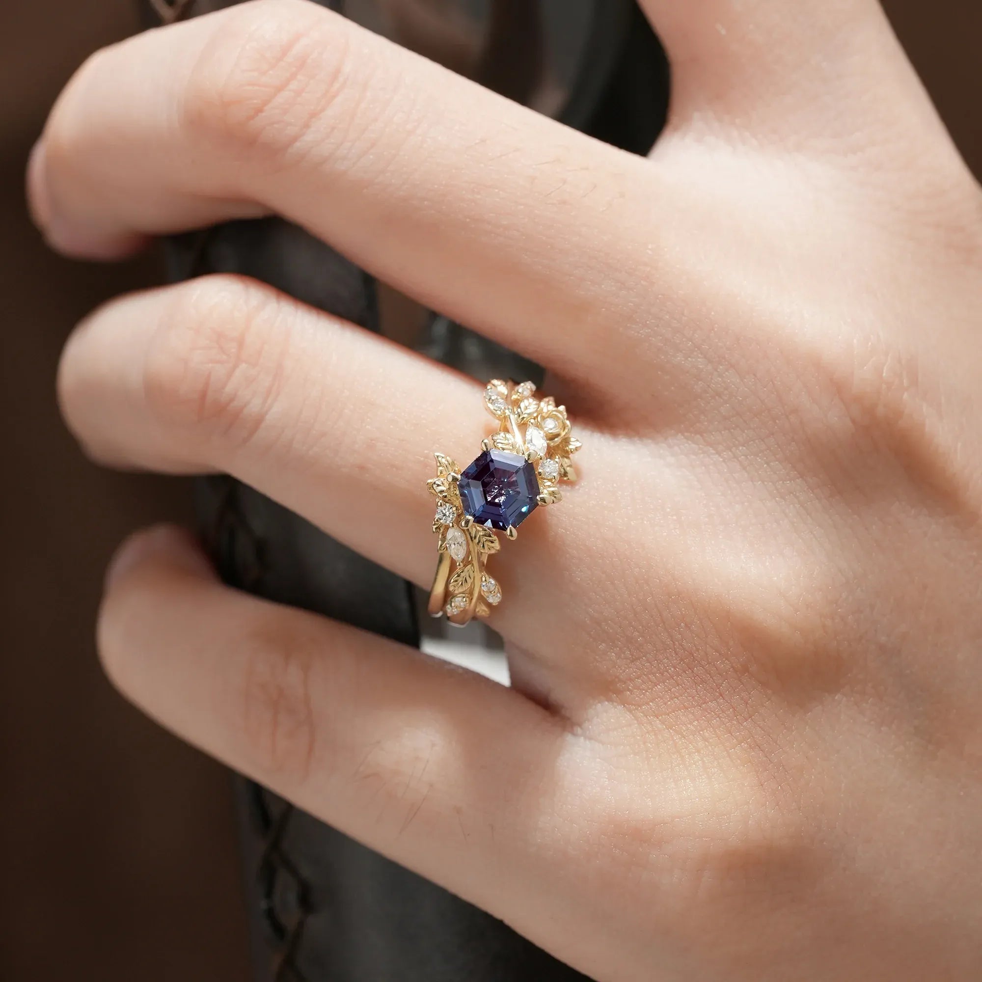 Rose Blossom | Hexagon Cut Alexandrite Engagement Ring Set - Delilah - GemsMagic