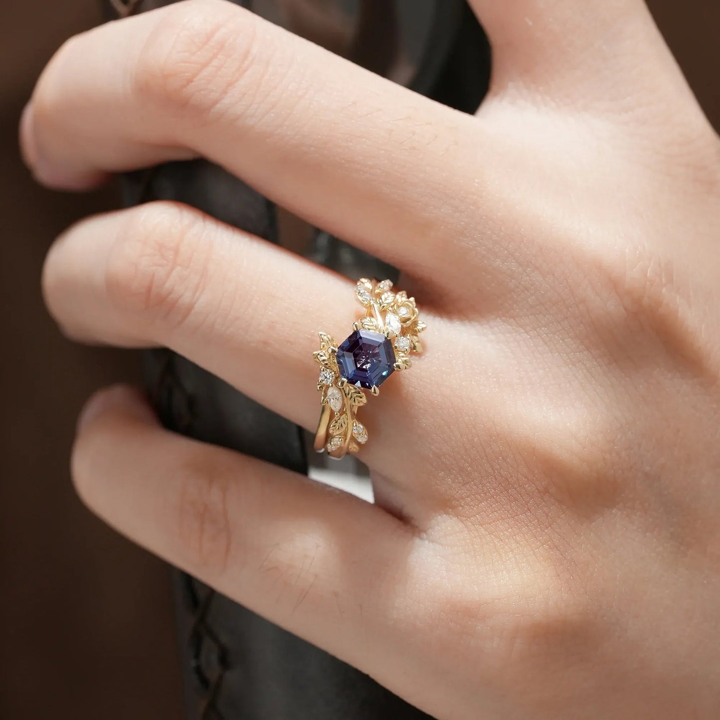 Rose Blossom | Hexagon Cut Alexandrite Engagement Ring Set - Delilah - GemsMagic