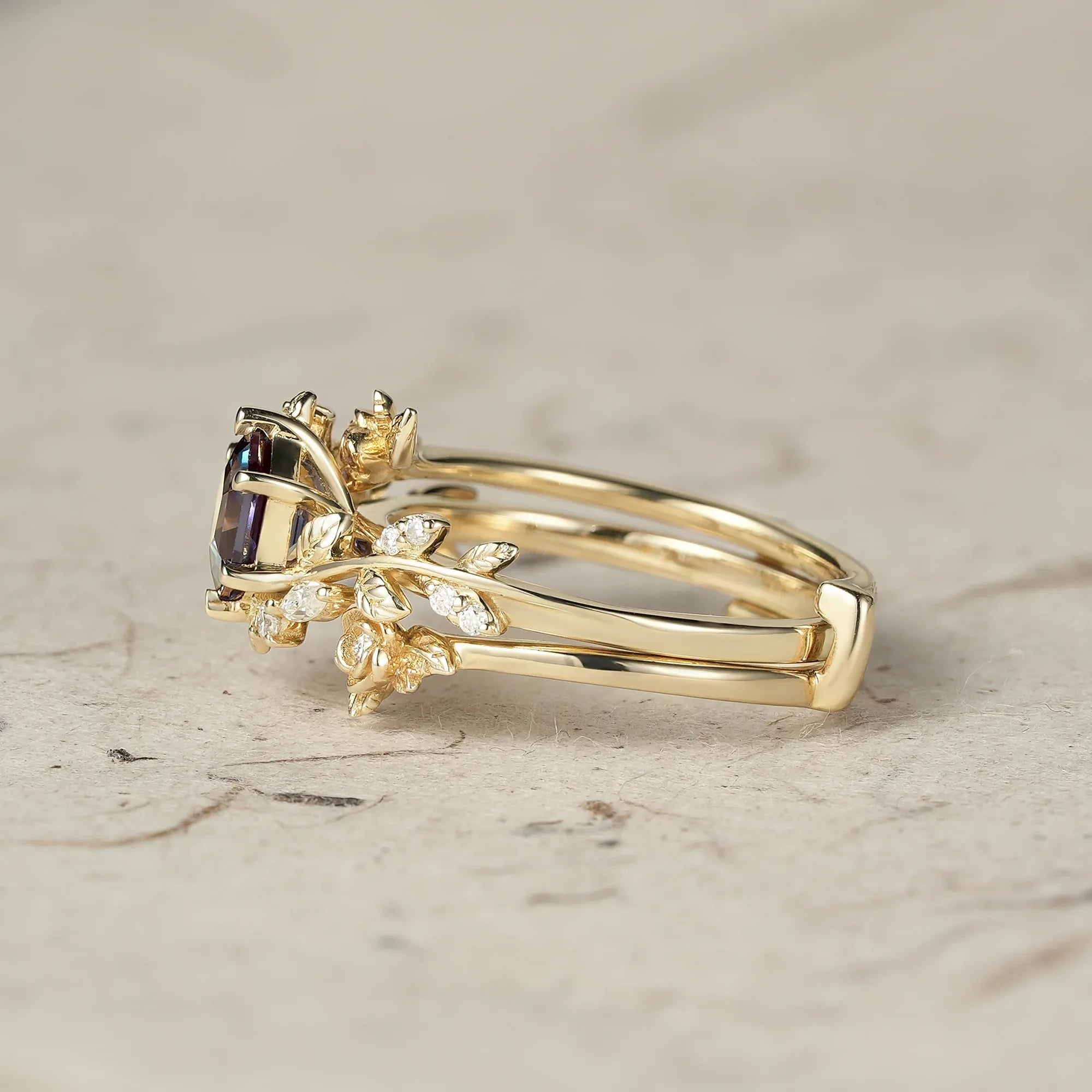 Rose Blossom | Hexagon Cut Alexandrite Engagement Ring Set - Delilah - GemsMagic