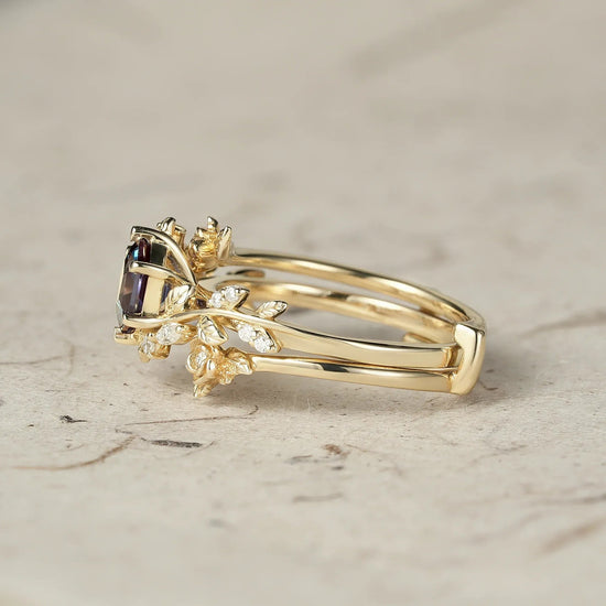 Rose Blossom | Hexagon Cut Alexandrite Engagement Ring Set - Delilah - GemsMagic