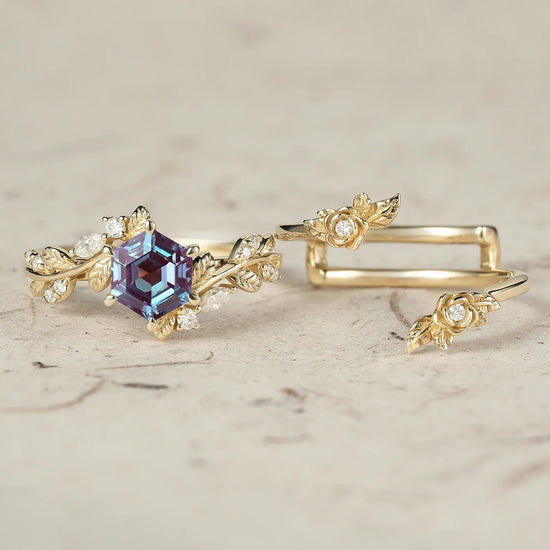 Rose Blossom | Hexagon Cut Alexandrite Engagement Ring Set - Delilah - GemsMagic