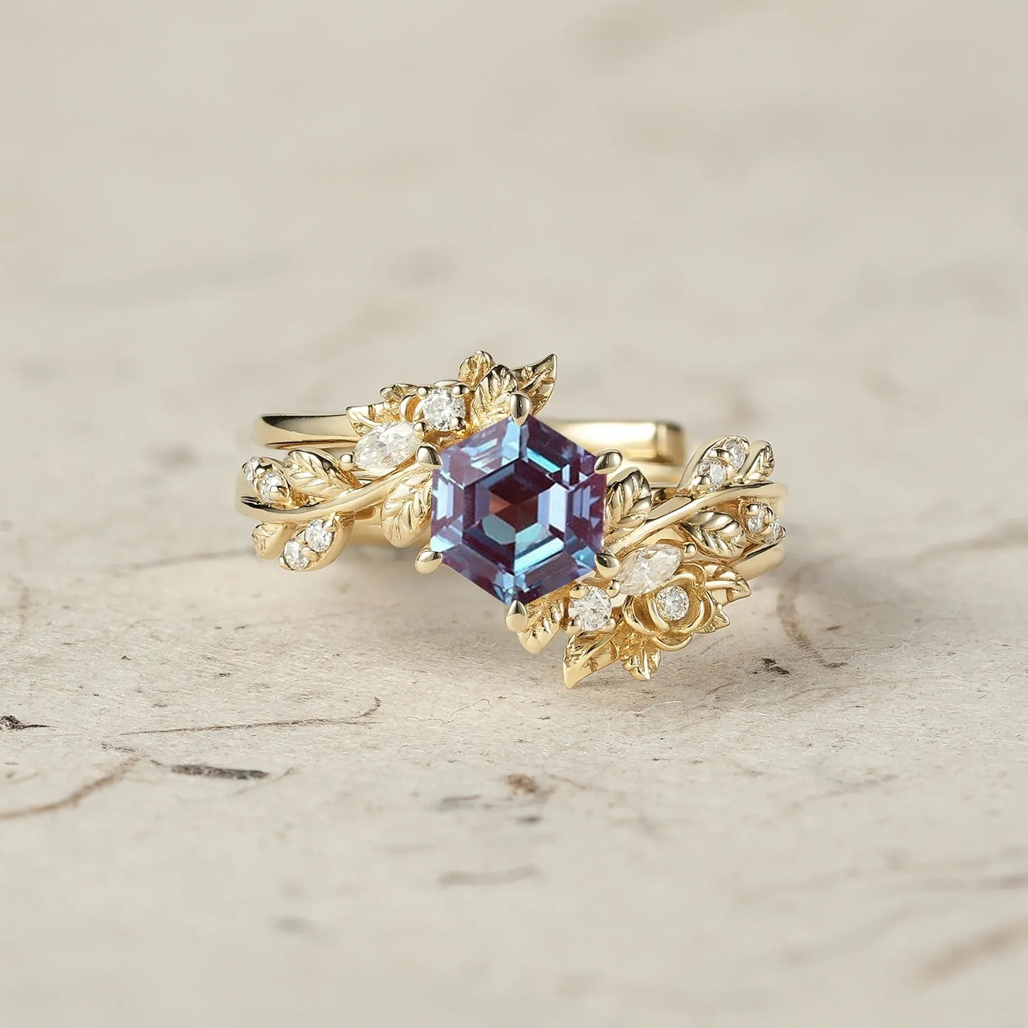 Rose Blossom | Hexagon Cut Alexandrite Engagement Ring Set - Delilah - GemsMagic