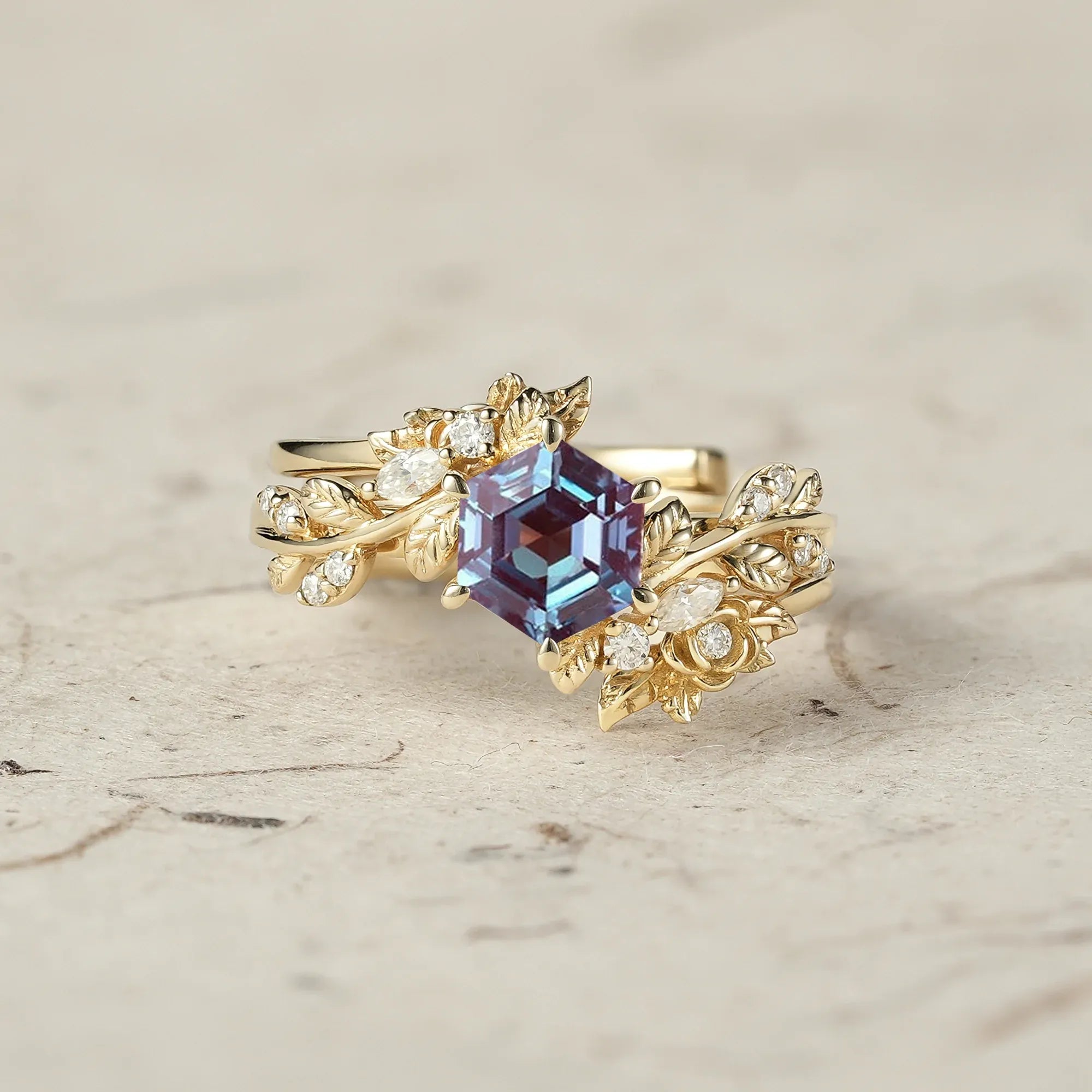 Rose Blossom | Hexagon Cut Alexandrite Engagement Ring Set - Delilah - GemsMagic