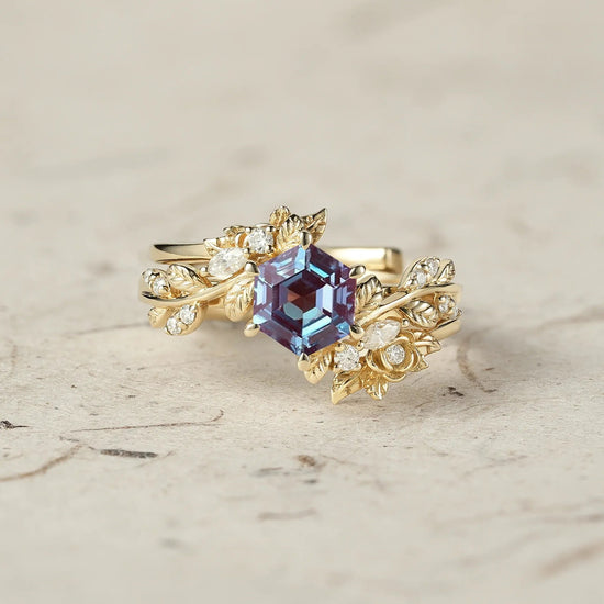 Rose Blossom | Hexagon Cut Alexandrite Engagement Ring Set - Delilah - GemsMagic