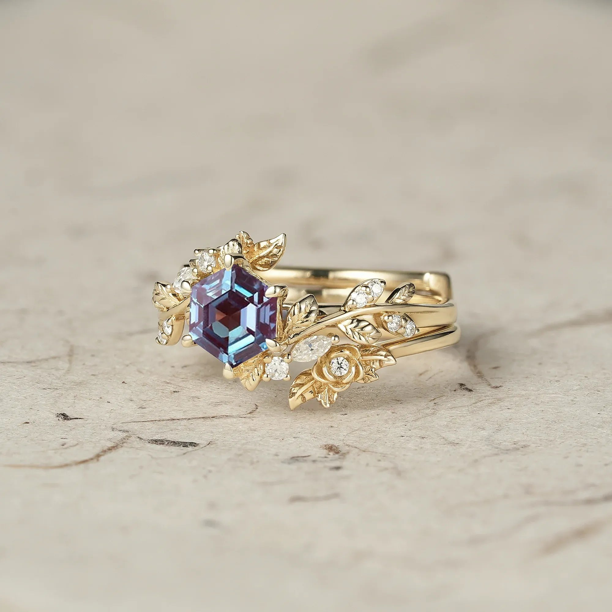 Rose Blossom | Hexagon Cut Alexandrite Engagement Ring Set - Delilah - GemsMagic