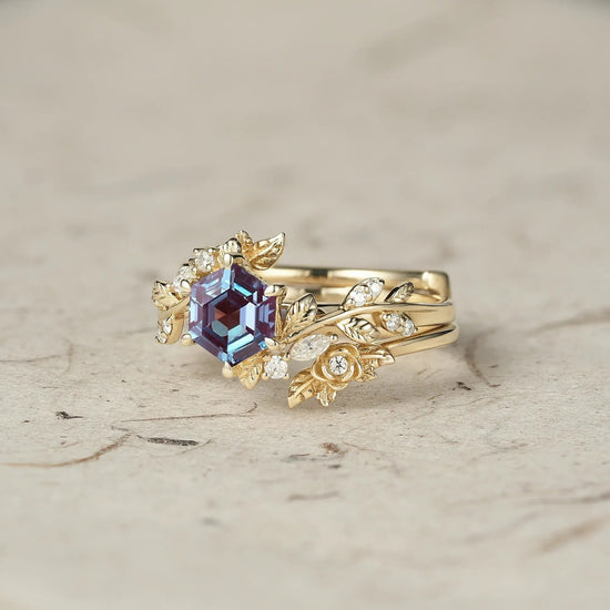 Rose Blossom | Hexagon Cut Alexandrite Engagement Ring Set - Delilah - GemsMagic