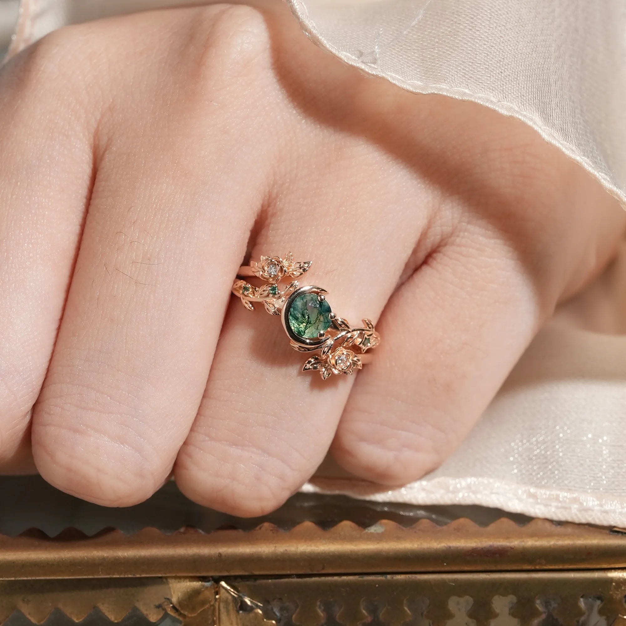 Rose Blossom: Moon Encircled Moss Agate Enhancer Ring Set | Nicole - GemsMagic