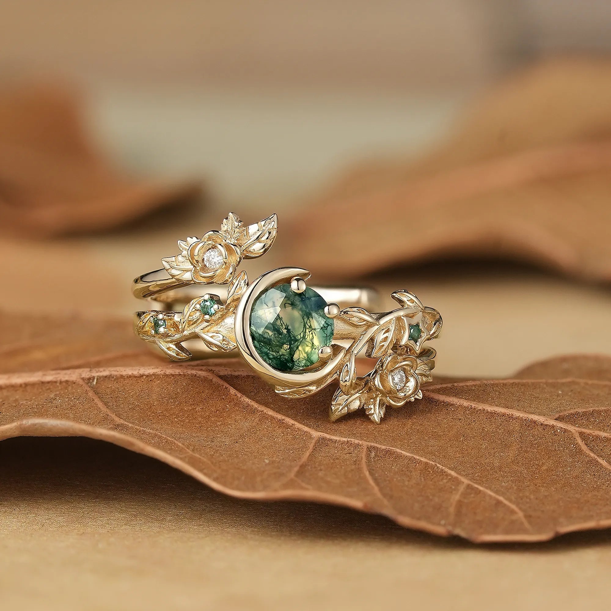 Rose Blossom: Moon Encircled Moss Agate Enhancer Ring Set | Nicole - GemsMagic