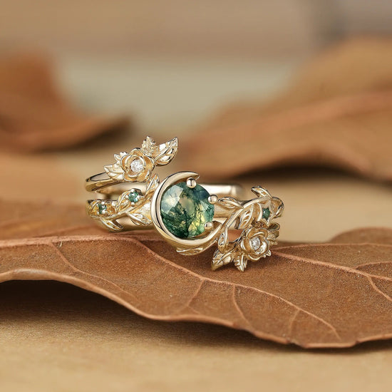 Rose Blossom: Moon Encircled Moss Agate Enhancer Ring Set | Nicole - GemsMagic