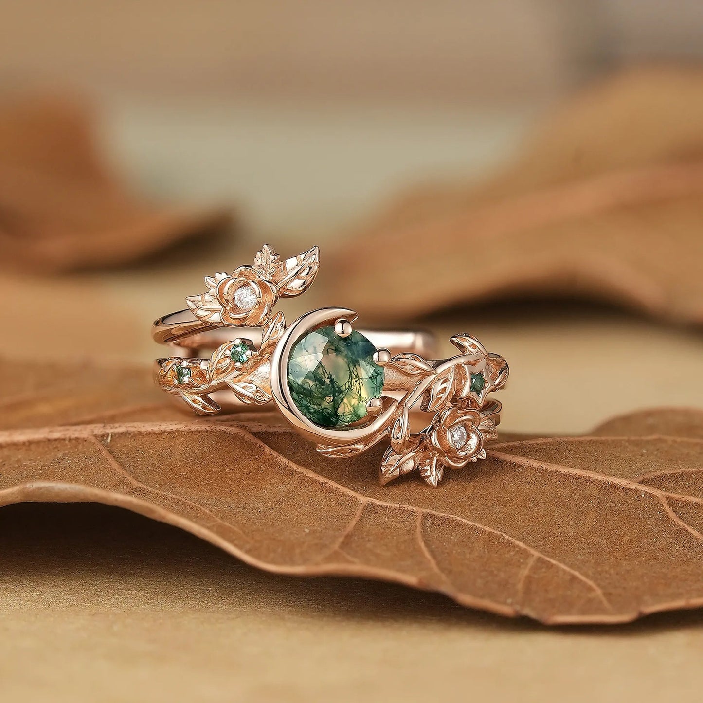 Rose Blossom: Moon Encircled Moss Agate Enhancer Ring Set | Nicole - GemsMagic