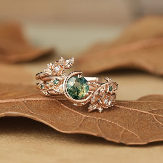 Rose Blossom: Moon Encircled Moss Agate Enhancer Ring Set | Nicole - GemsMagic