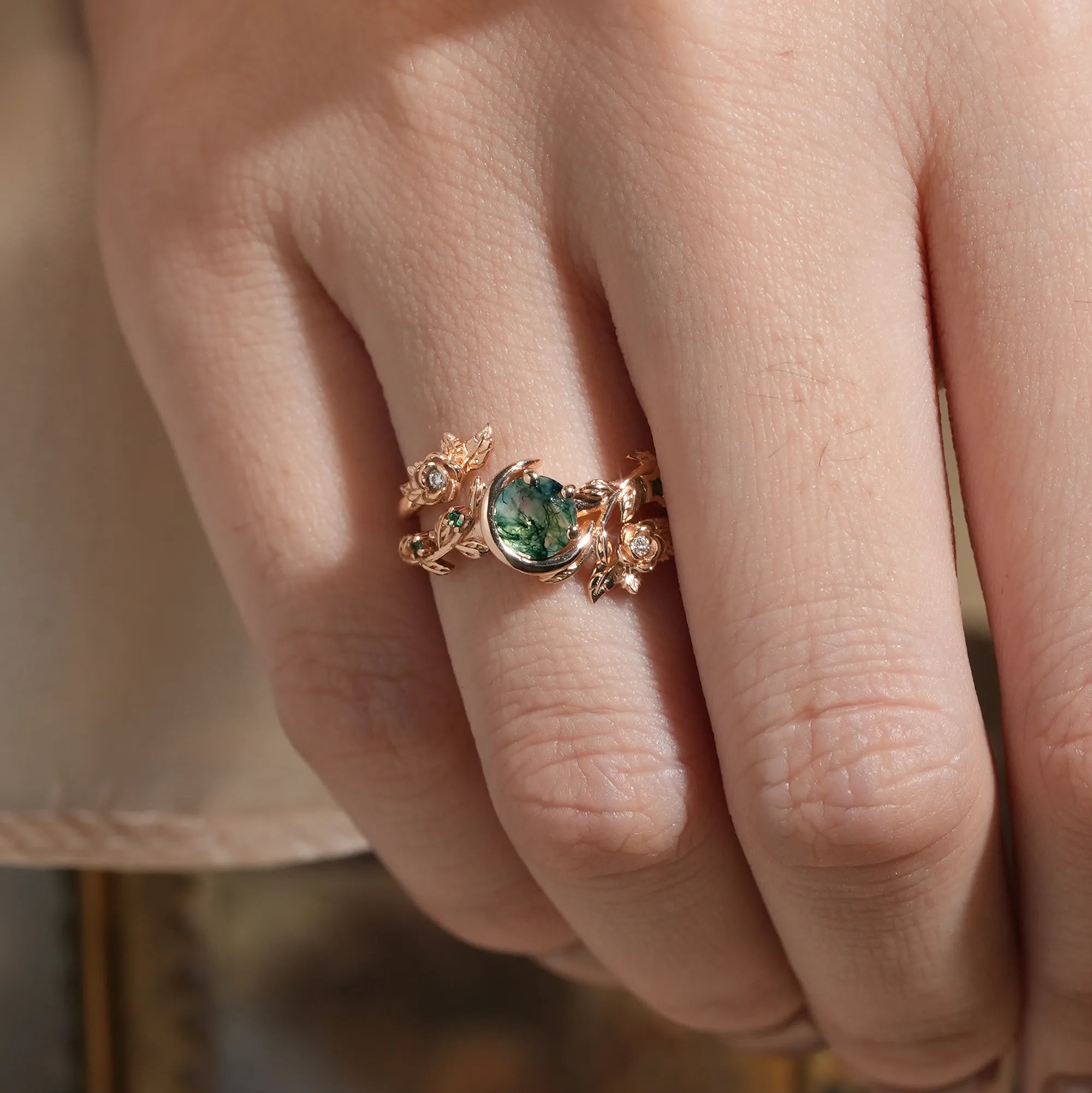 Rose Blossom: Moon Encircled Moss Agate Enhancer Ring Set | Nicole - GemsMagic