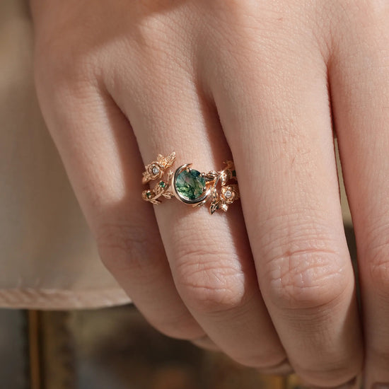 Rose Blossom: Moon Encircled Moss Agate Enhancer Ring Set | Nicole - GemsMagic