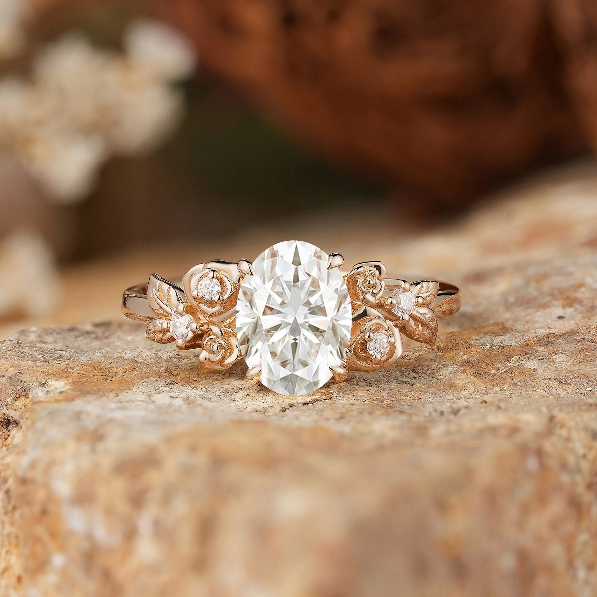 Rose Blossom: Nature Inspired Oval Cut Moissanite Engagement Ring - GemsMagic