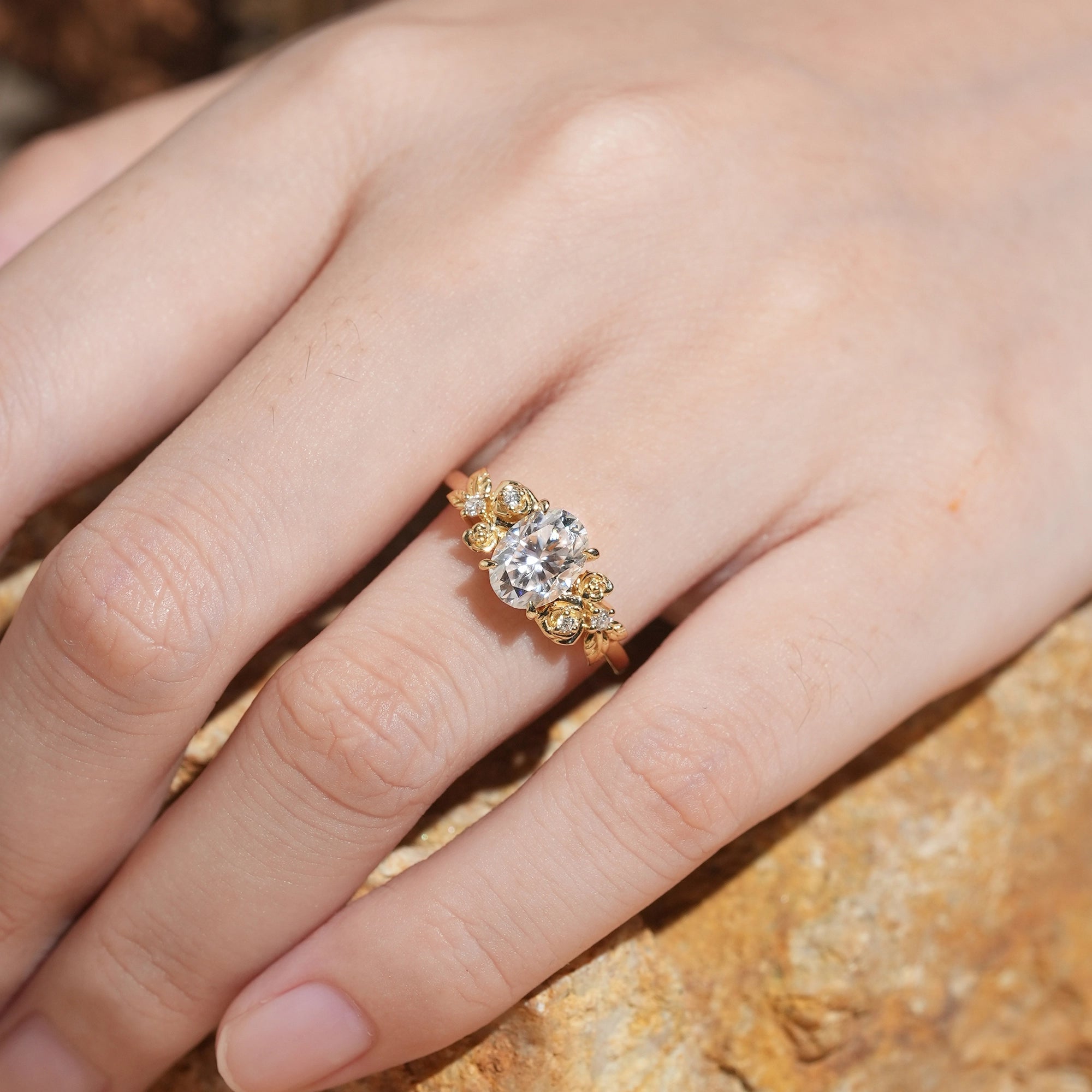 Rose Blossom: Nature Inspired Oval Cut Moissanite Engagement Ring - GemsMagic