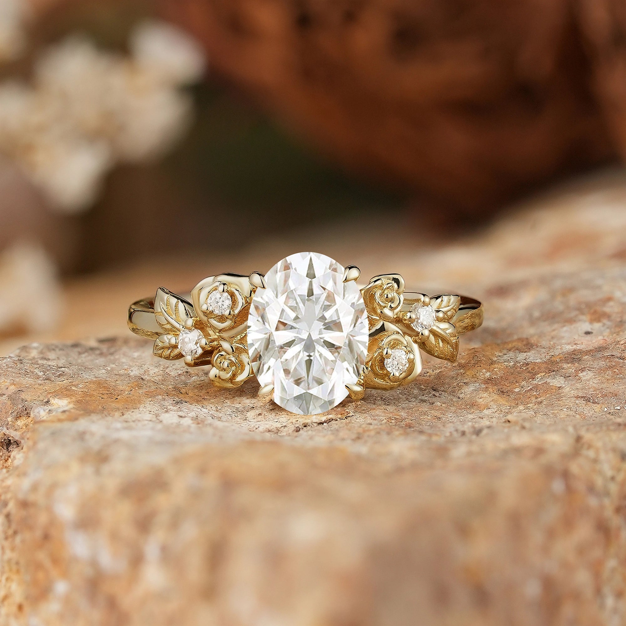 Rose Blossom: Nature Inspired Oval Cut Moissanite Engagement Ring - GemsMagic
