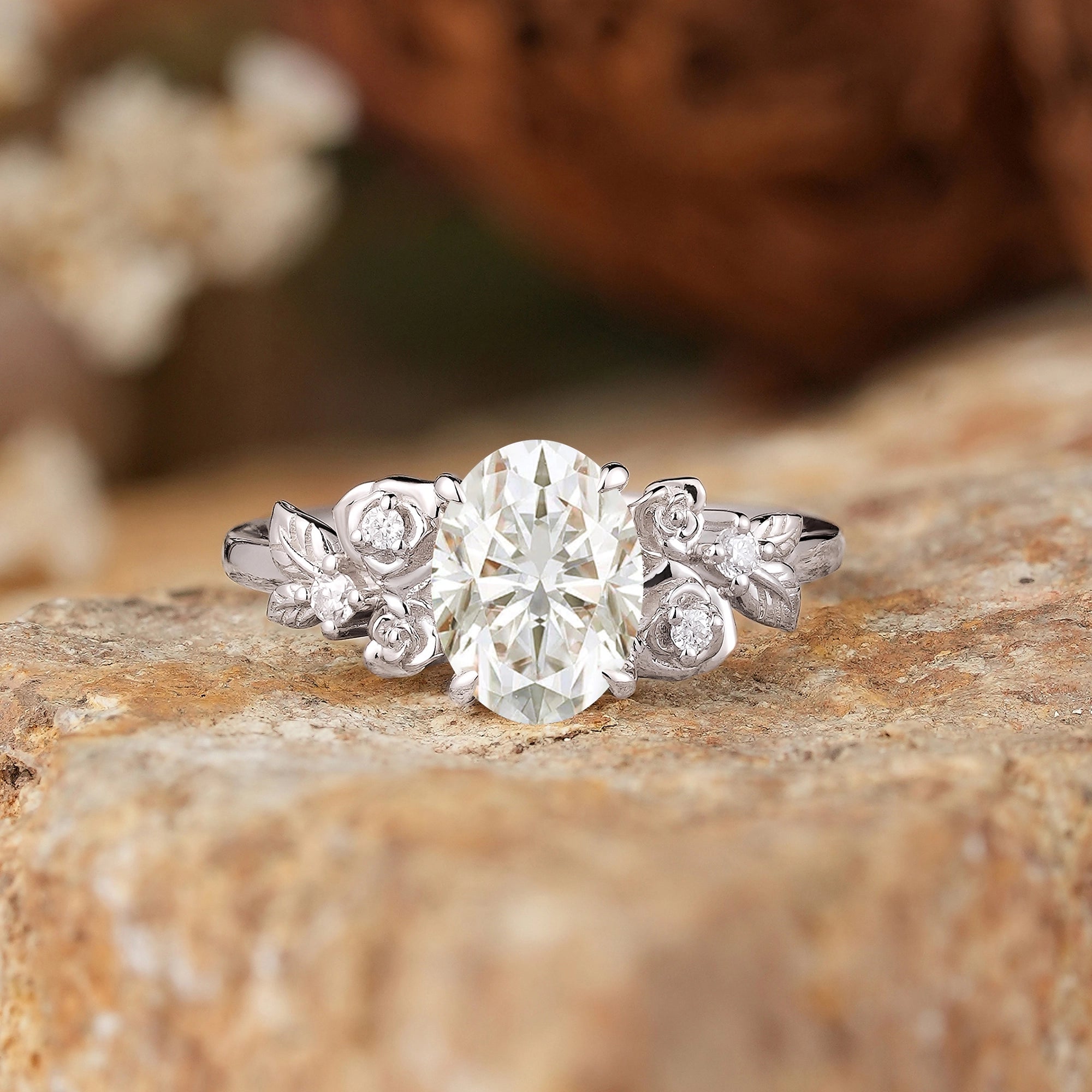 Rose Blossom: Nature Inspired Oval Cut Moissanite Engagement Ring - GemsMagic
