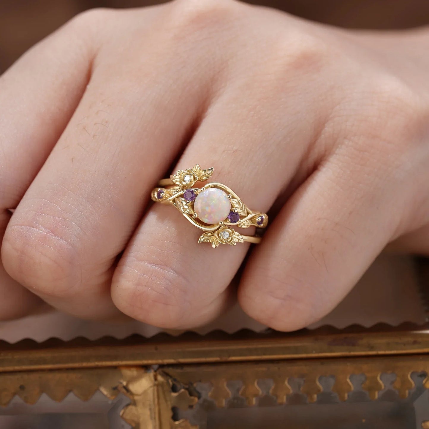 Rose Blossom: Opal Ring Set with Amethyst | Talia - GemsMagic