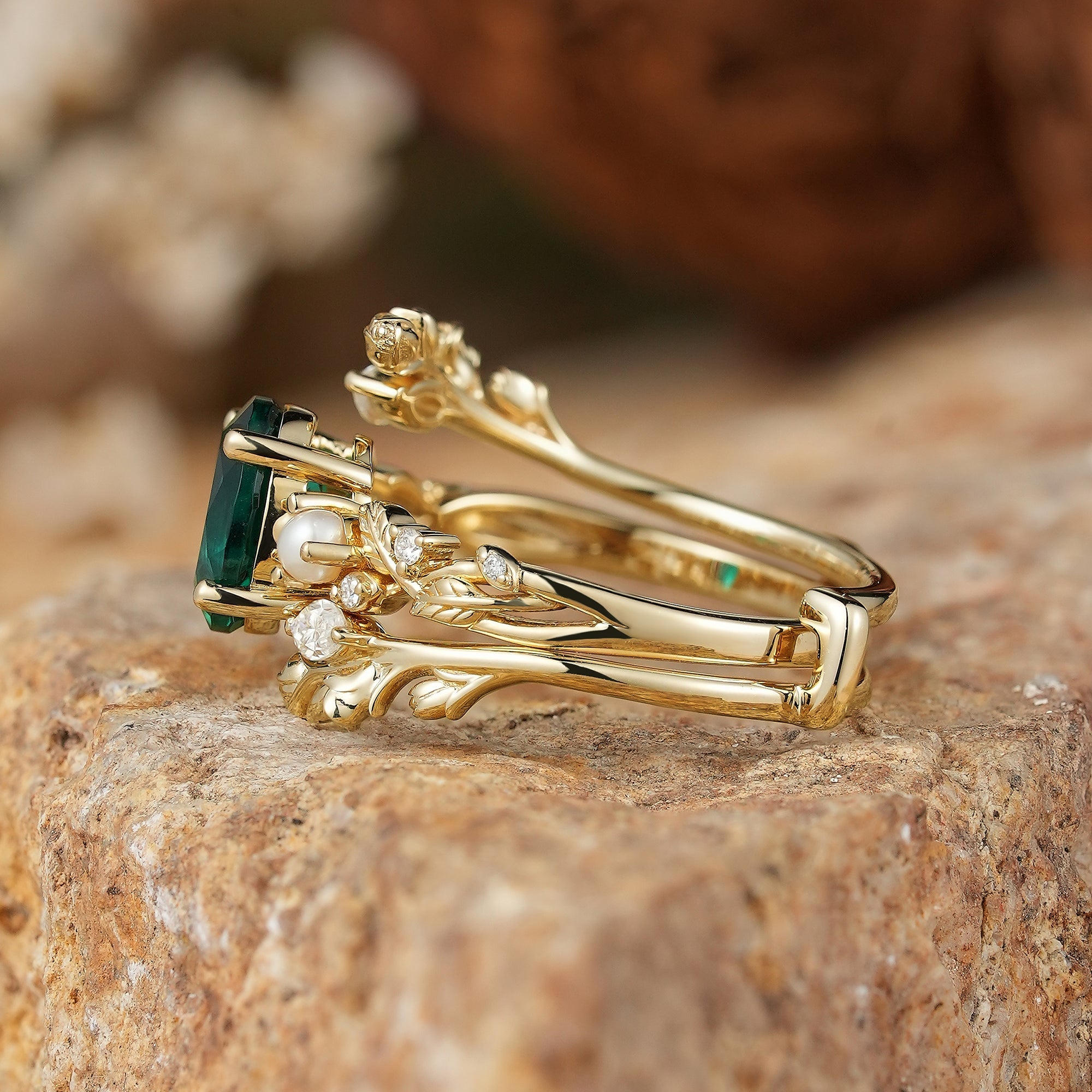 Rose Blossom: Oval Cut Lab Emerald & Pearl Nature Inspired Bridal Ring Set - GemsMagic