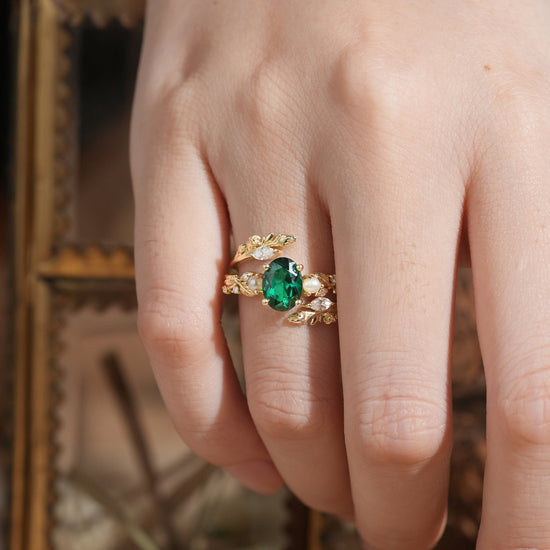 Rose Blossom: Oval Cut Lab Emerald & Pearl Nature Inspired Bridal Ring Set - GemsMagic