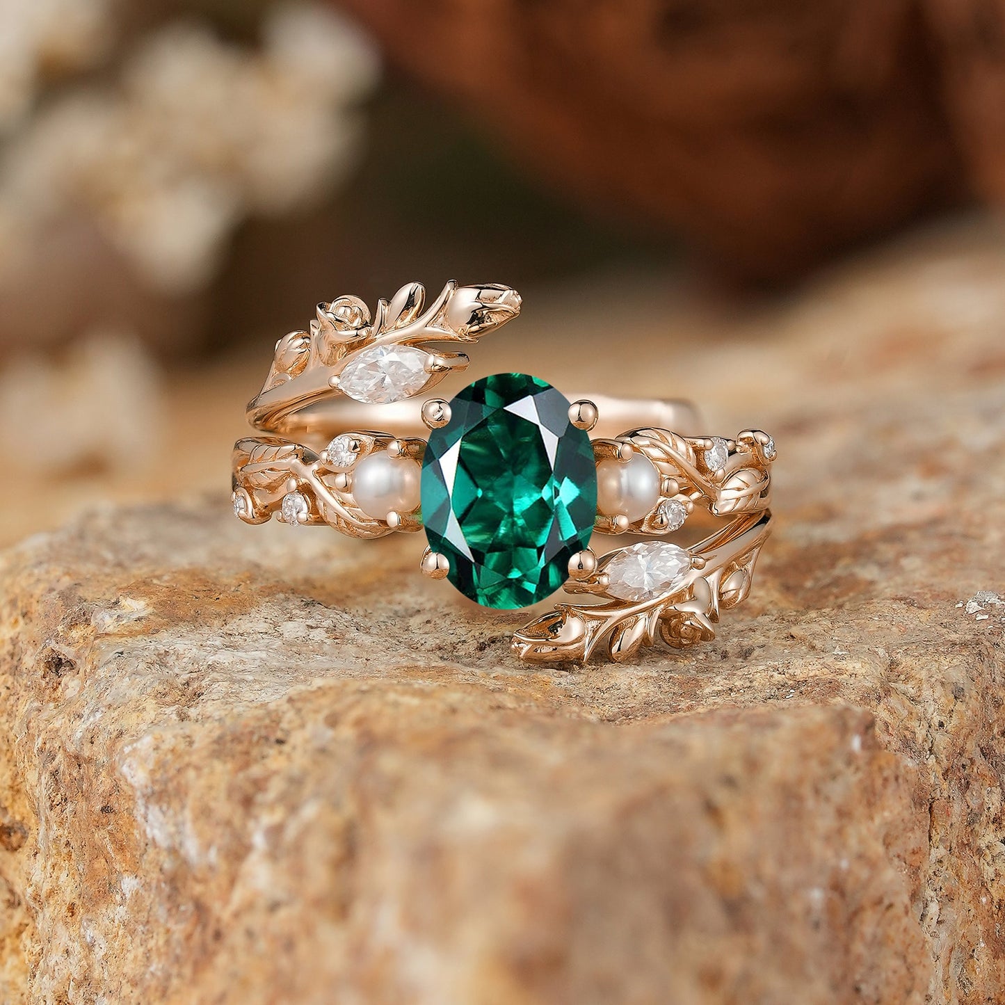 Rose Blossom: Oval Cut Lab Emerald & Pearl Nature Inspired Bridal Ring Set - GemsMagic