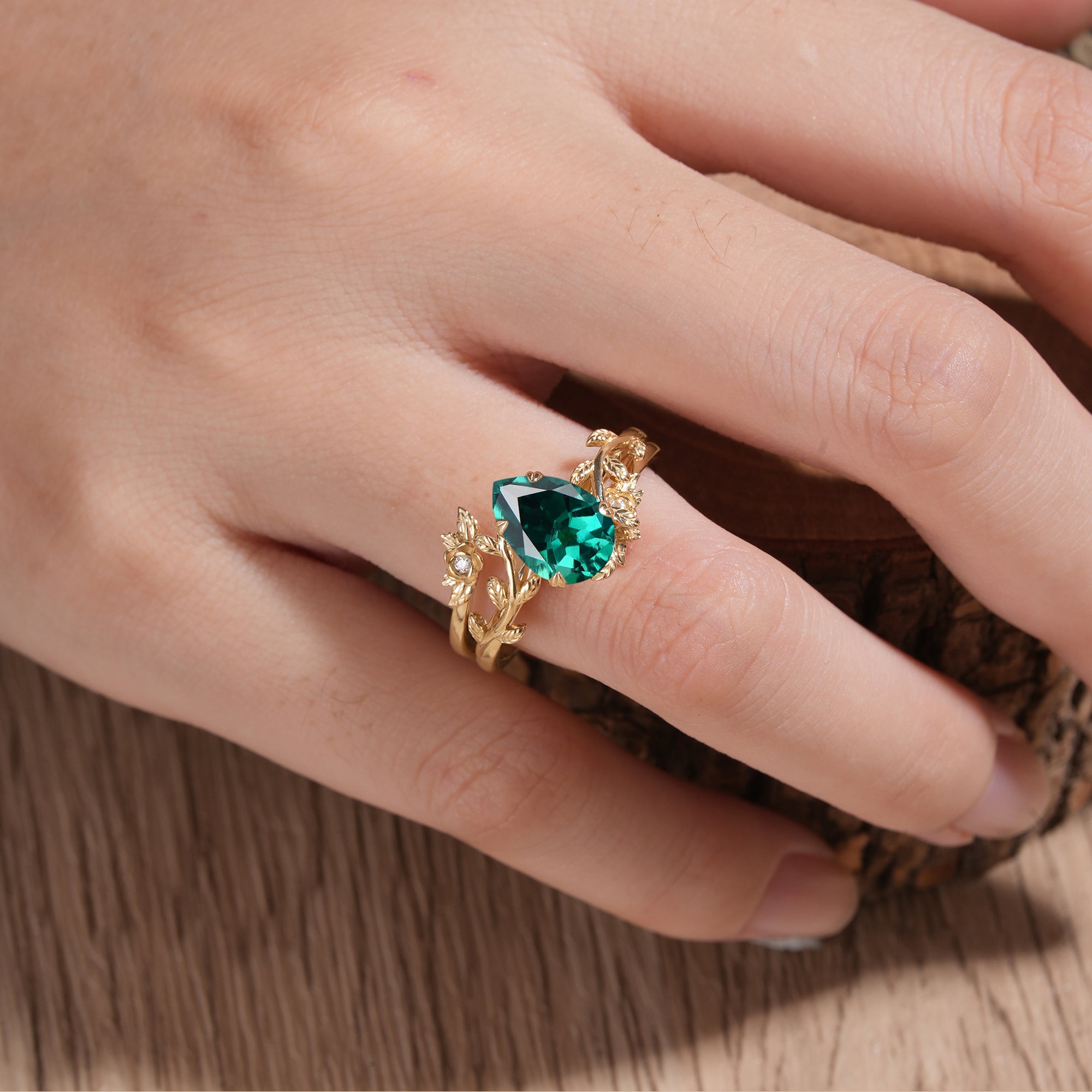 Rose Blossom: Pear - Cut Emerald Leaf Ring Set - Helena - GemsMagic