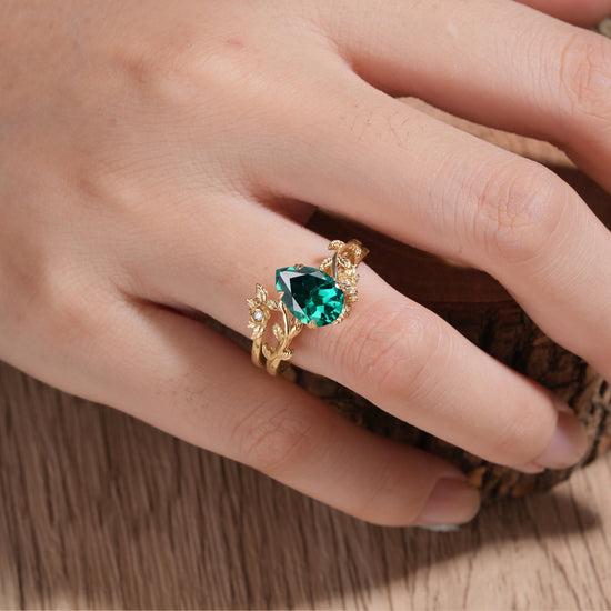 Rose Blossom: Pear - Cut Emerald Leaf Ring Set - Helena - GemsMagic