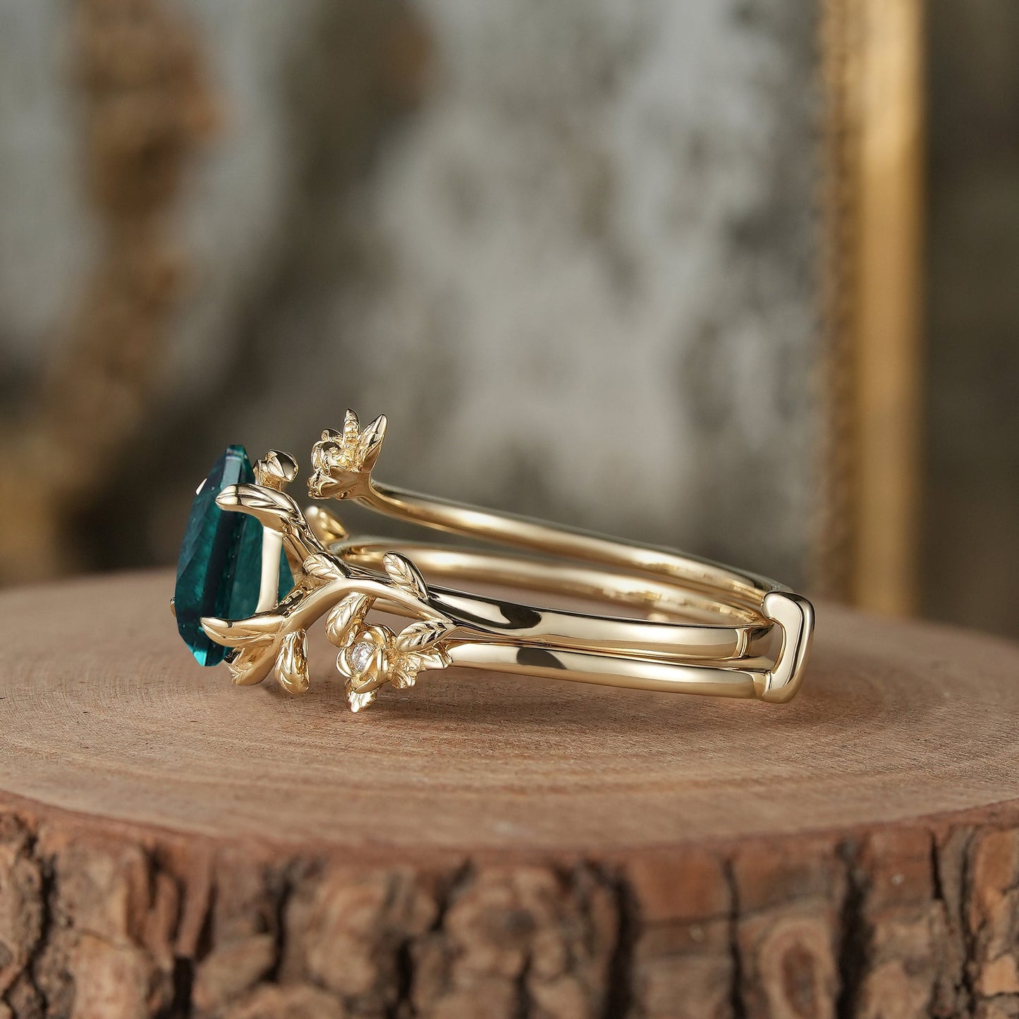 Rose Blossom: Pear - Cut Emerald Leaf Ring Set - Helena - GemsMagic