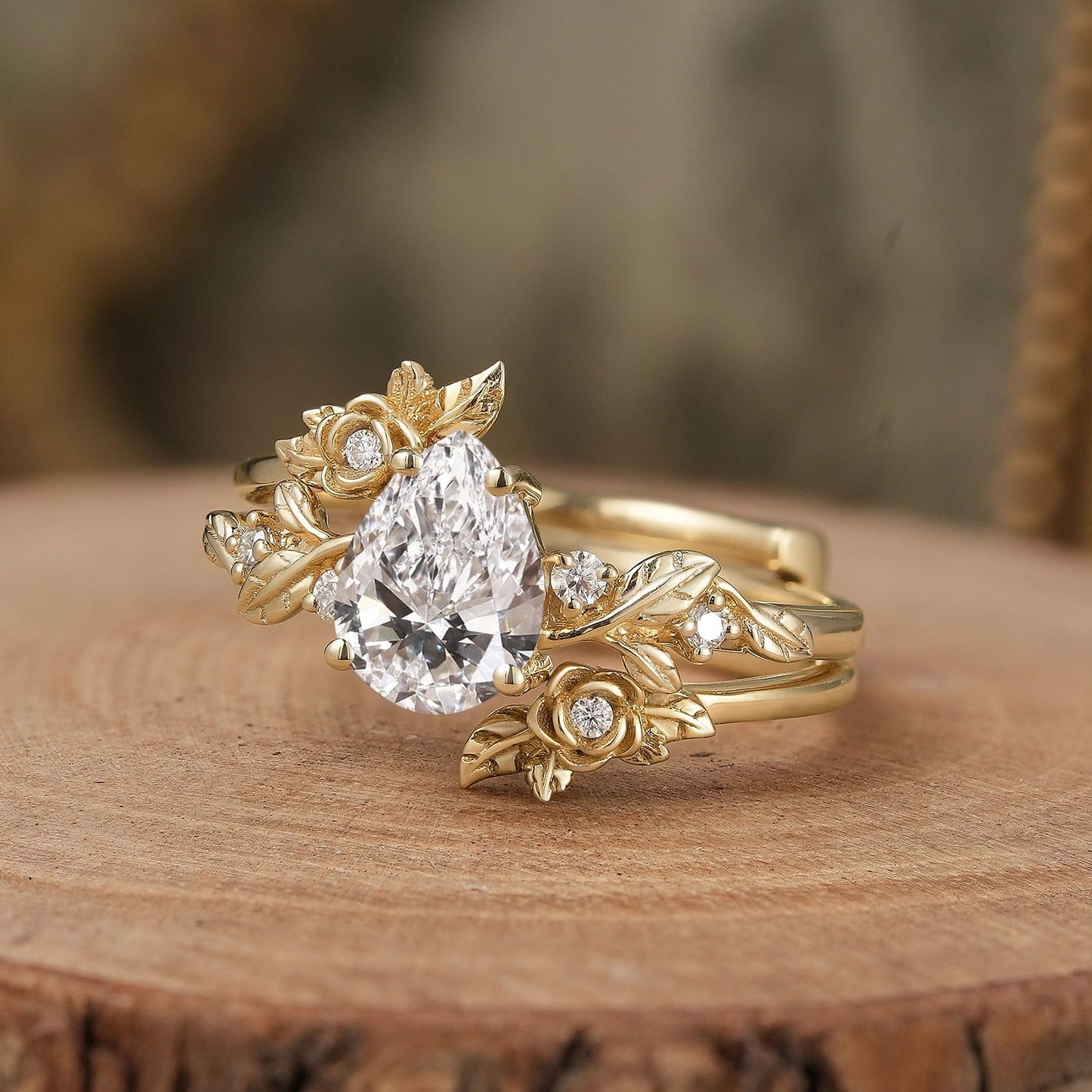 Rose Blossom: Pear - Cut Lab Grown Diamond Floral Ring Set - Camille - GemsMagic