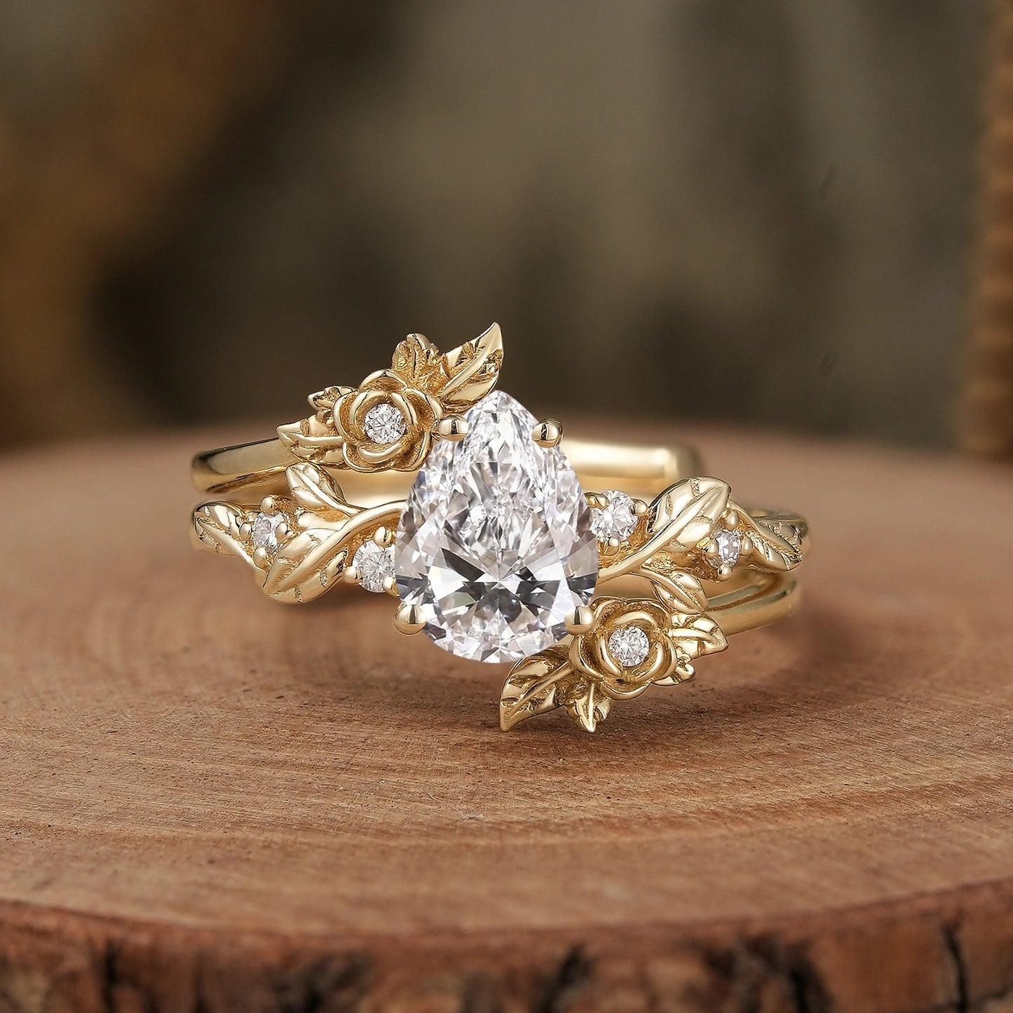 Rose Blossom: Pear - Cut Lab Grown Diamond Floral Ring Set - Camille - GemsMagic